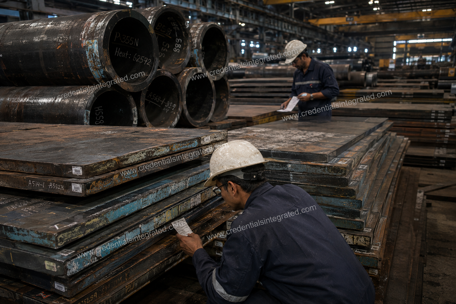 Steel warehouse with industrial pipes and plates